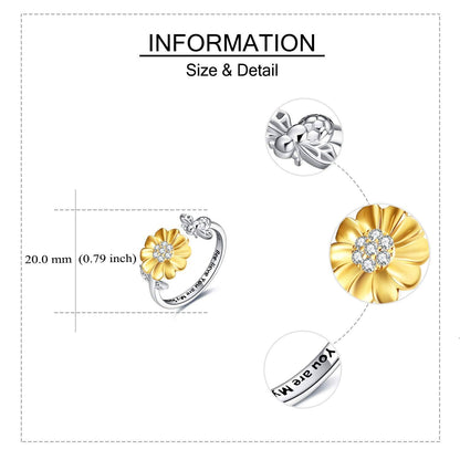 925 Sterling Silver Bee & Sunflower Adjustable Ring