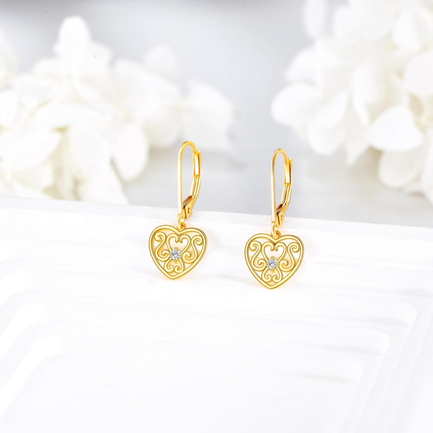 14K Gold Filigree Heart Shape Dangle Drop Leverback Earrings