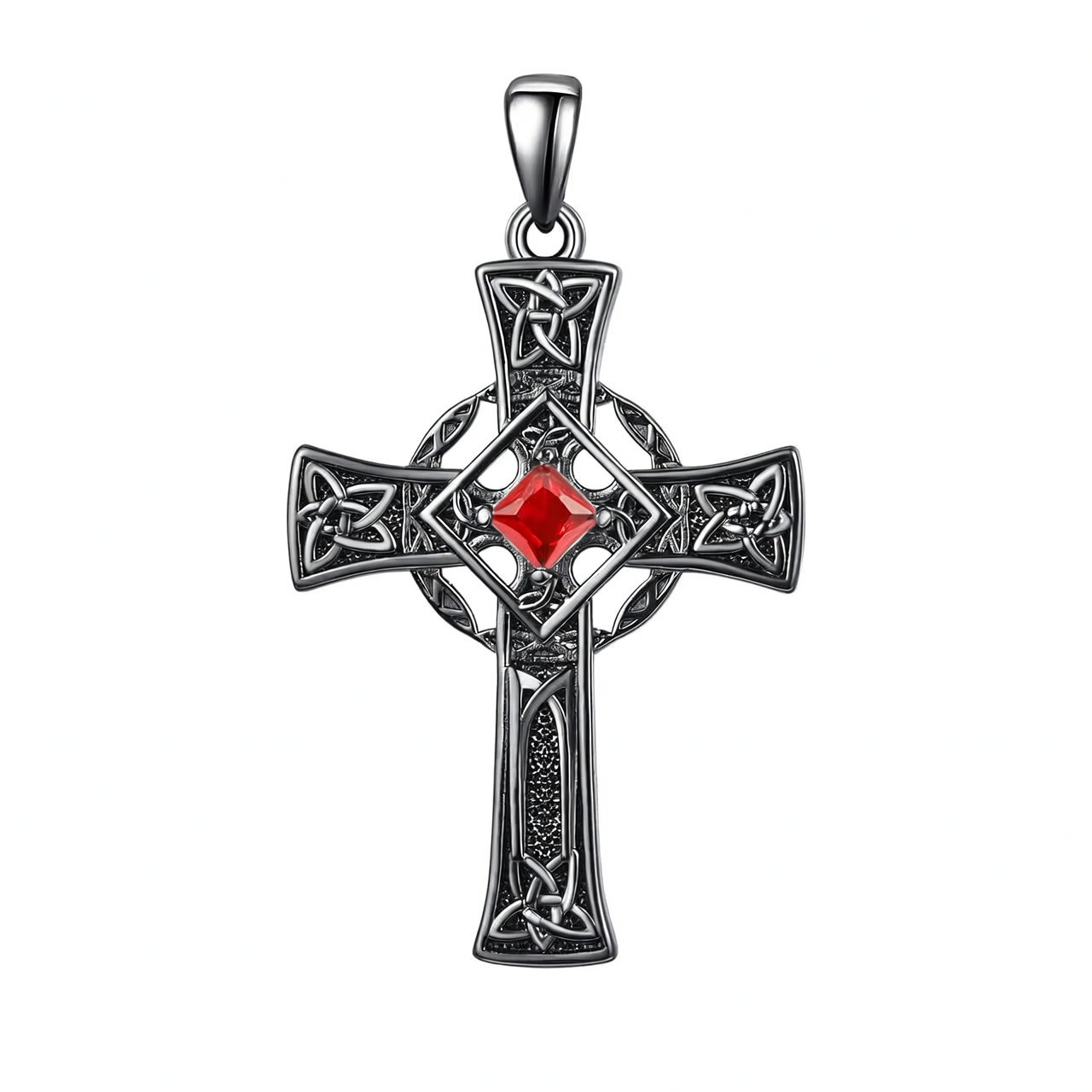 925 Silver Garnet Celtic Cross Necklace Men 22 Inch Chain