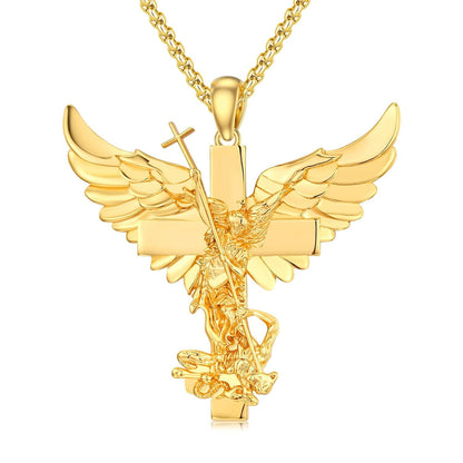 Gold 925 Silver Guardian Angel Cross Pendant Necklace