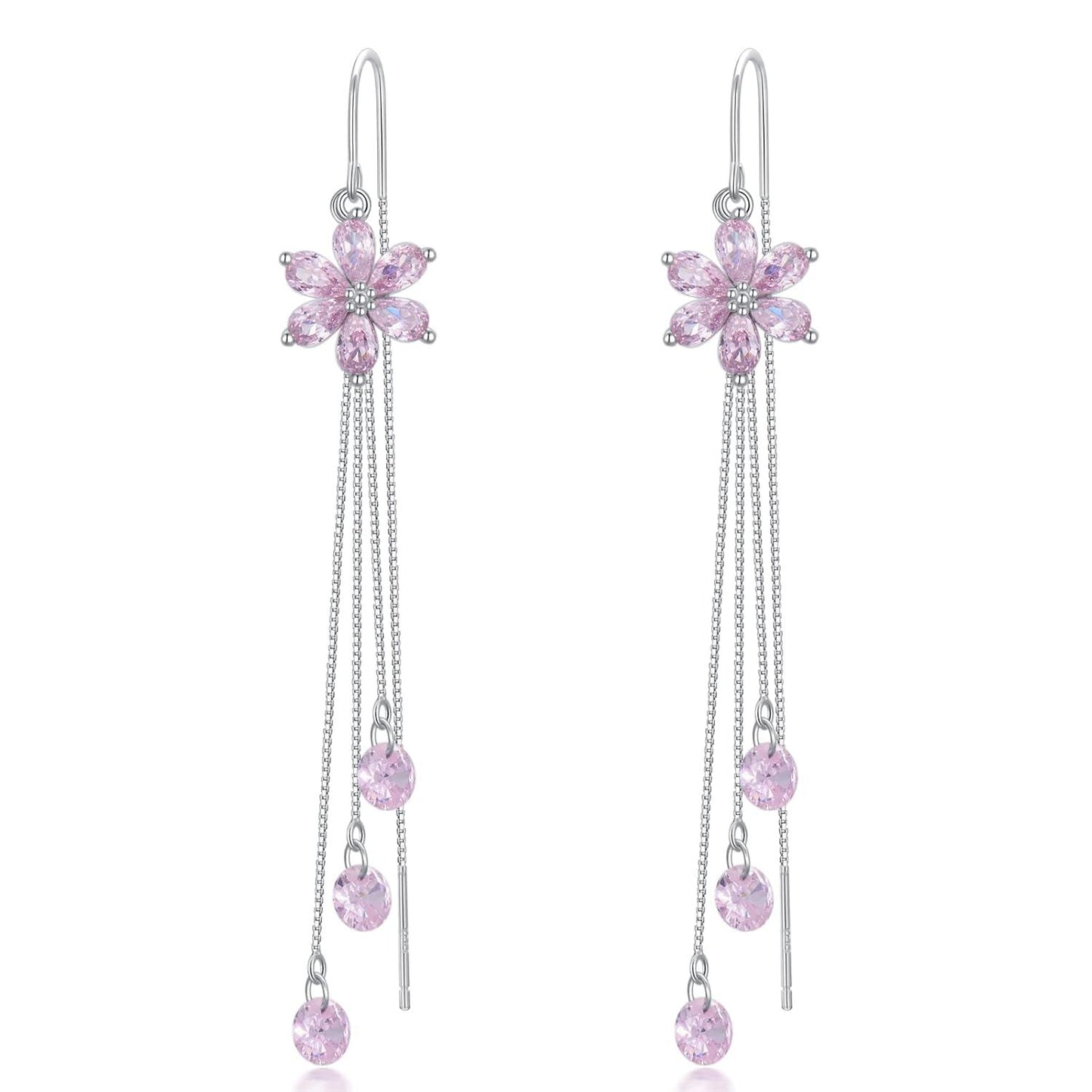 925 Silver Cubic Zirconia Drop Earrings Pink Flowers