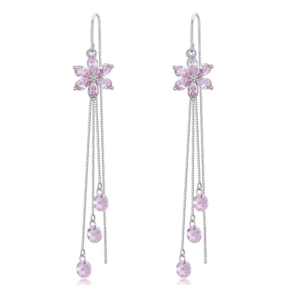 925 Silver Cubic Zirconia Drop Earrings Pink Flowers