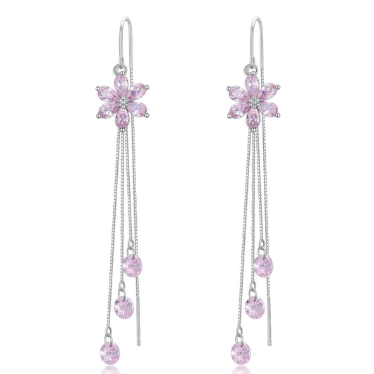 925 Silver Cubic Zirconia Drop Earrings Pink Flowers