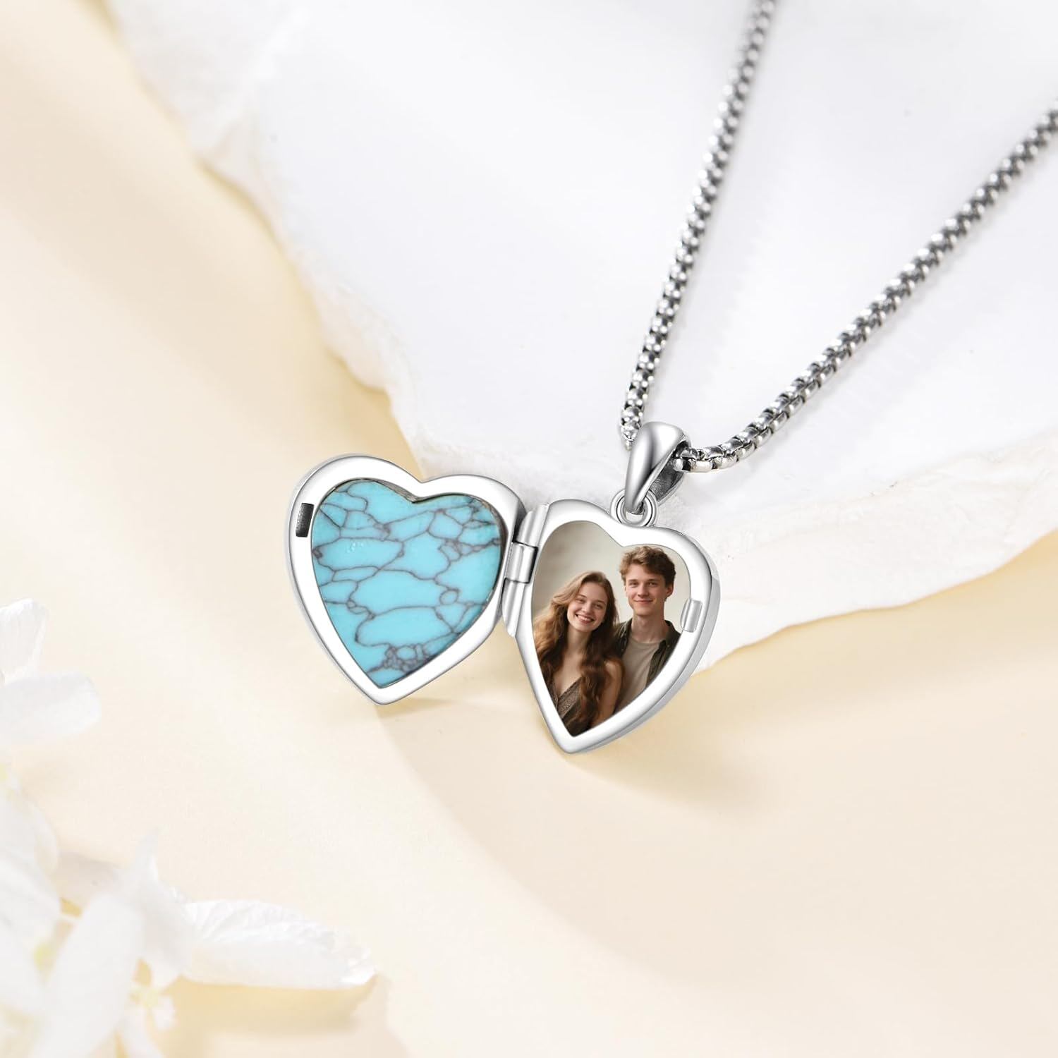 925 Silver Heart Locket Necklace Mermaid Turquoise Women