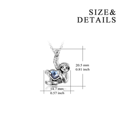 925 Silver Blue Crystal Heart Sloth Pendant Necklace