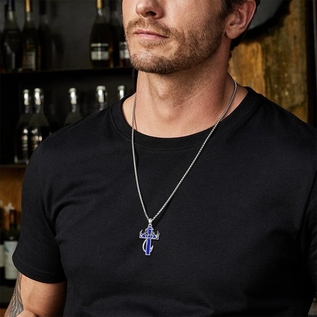 925 Silver Black Enamel Deer Antlers Cross Necklace Men