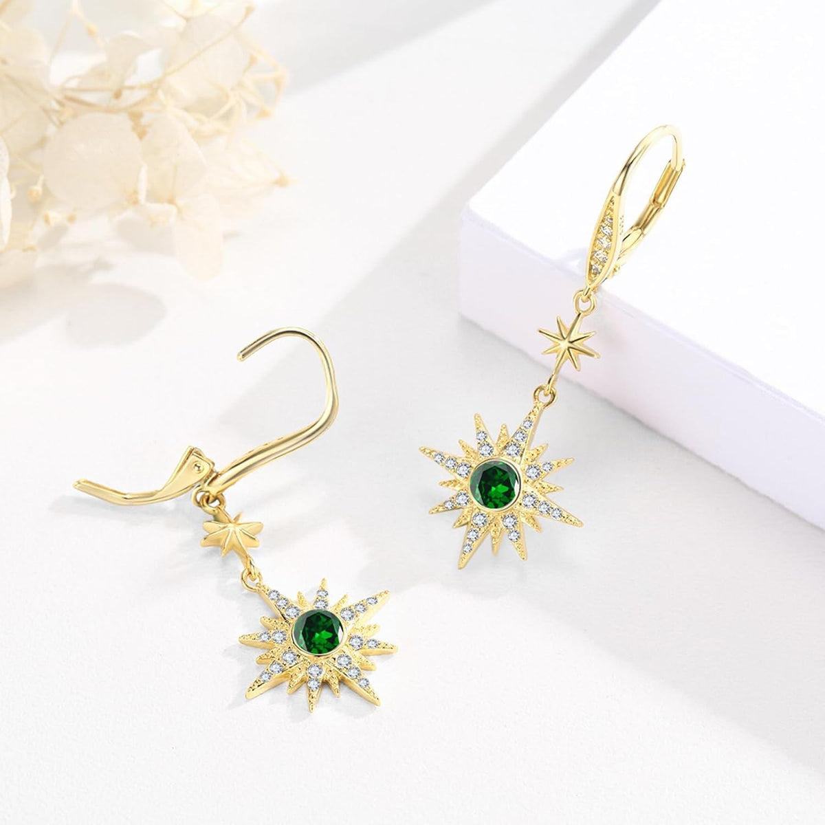 925 Sterling Silver Starburst Birthstone Drop Earrings