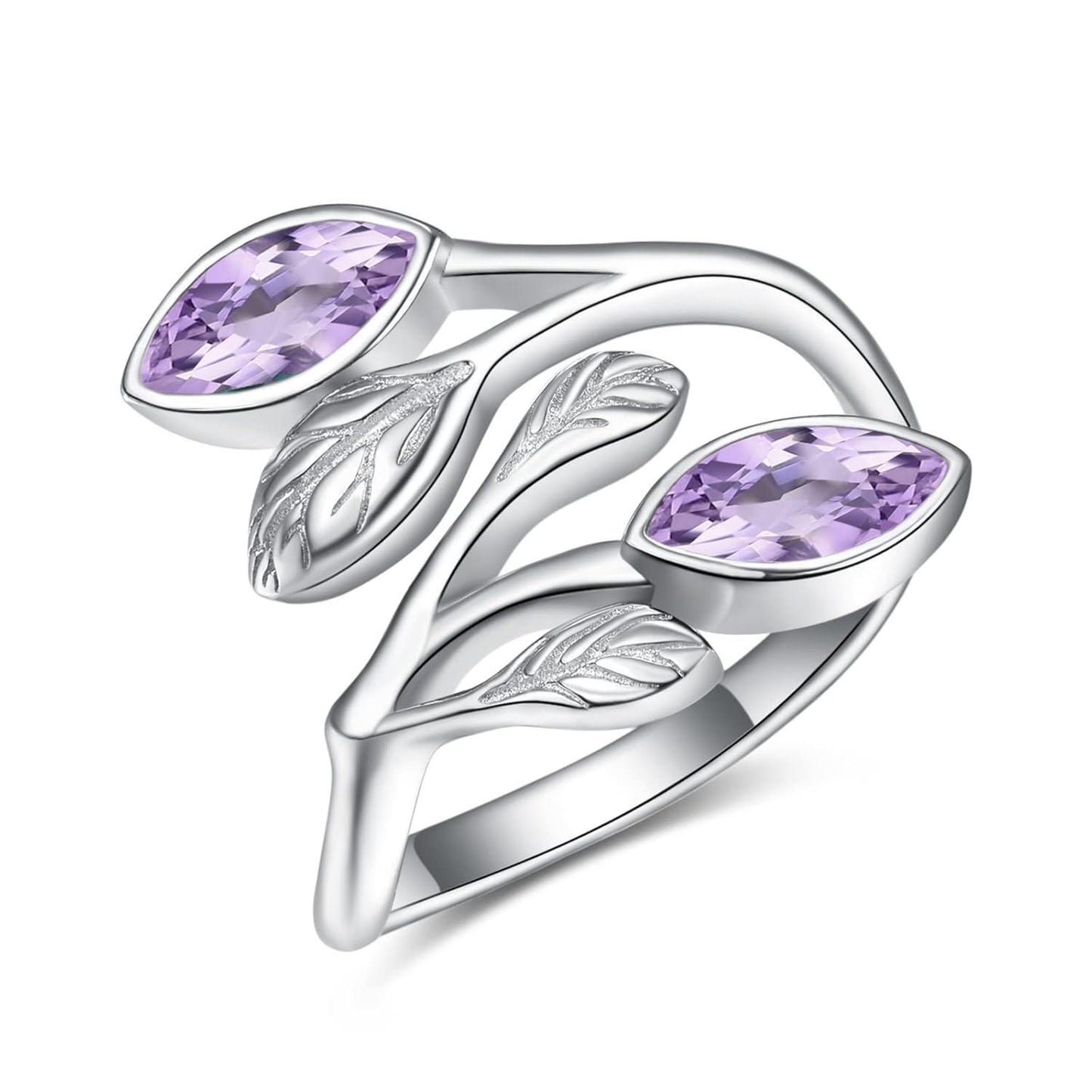 925 Sterling Silver Leaf Ring with Birthstone Adjustable Wrap Promise Engagement Wedding Rings for Women