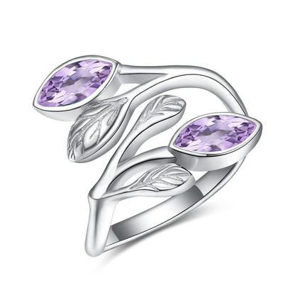 925 Sterling Silver Leaf Ring with Birthstone Adjustable Wrap Promise Engagement Wedding Rings for Women