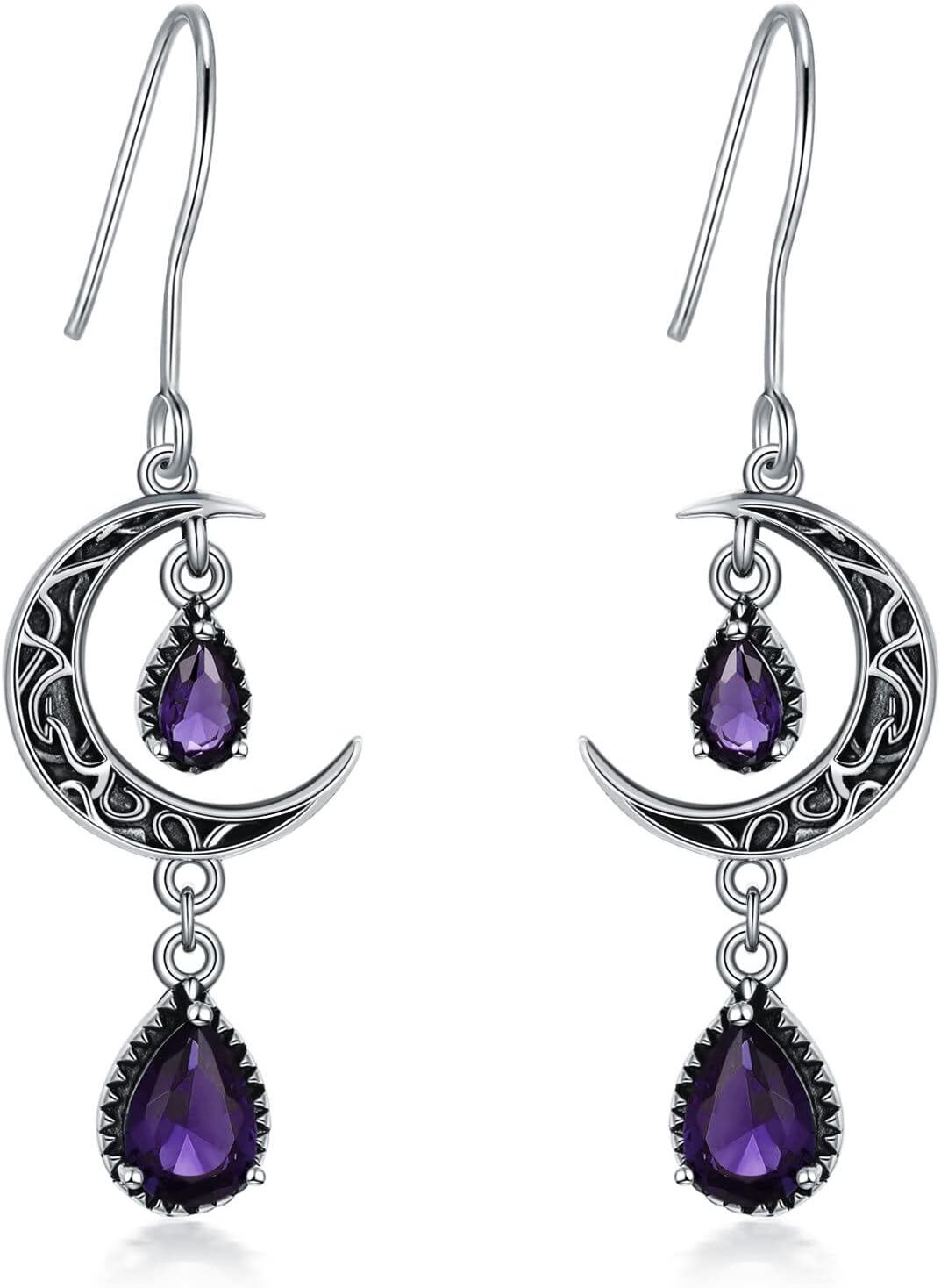 925 Sterling Silver Crescent Moon Purple Zircon Drop Earrings
