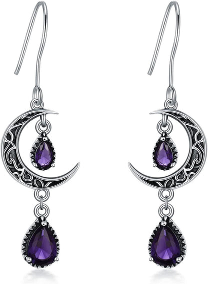 925 Sterling Silver Crescent Moon Purple Zircon Drop Earrings