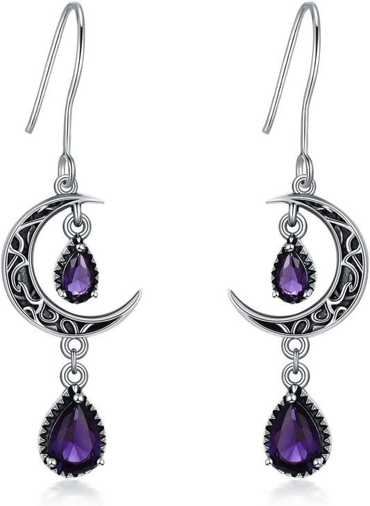 925 Sterling Silver Crescent Moon Purple Zircon Drop Earrings
