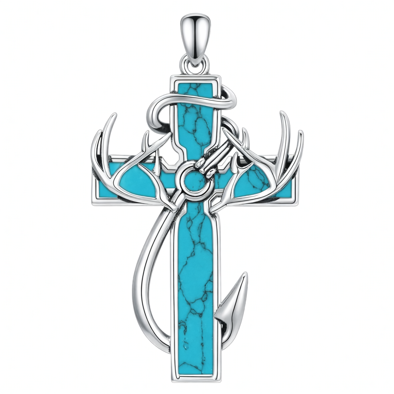 925 Silver Black Enamel Deer Antlers Cross Necklace Men
