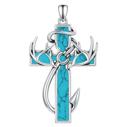 925 Silver Black Enamel Deer Antlers Cross Necklace Men