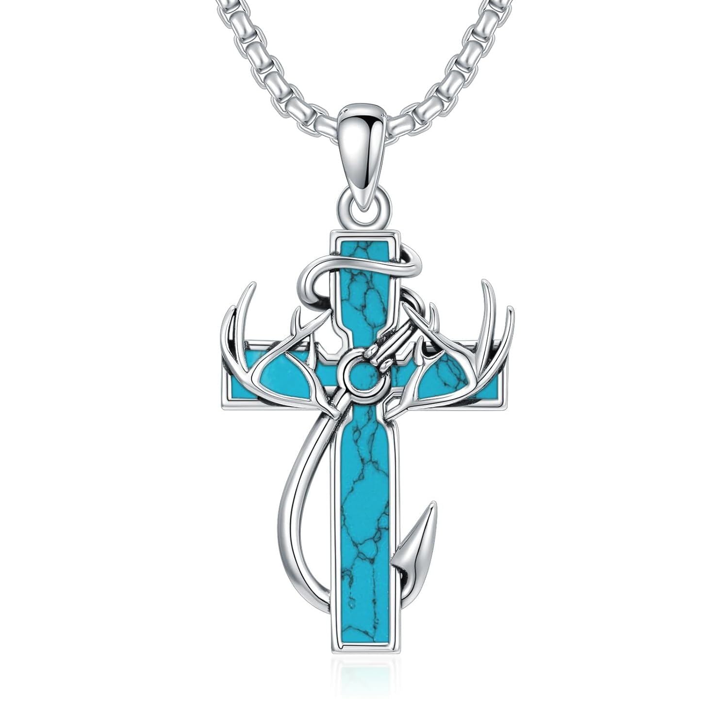 925 Silver Black Enamel Deer Antlers Cross Necklace Men