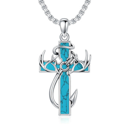 925 Silver Black Enamel Deer Antlers Cross Necklace Men