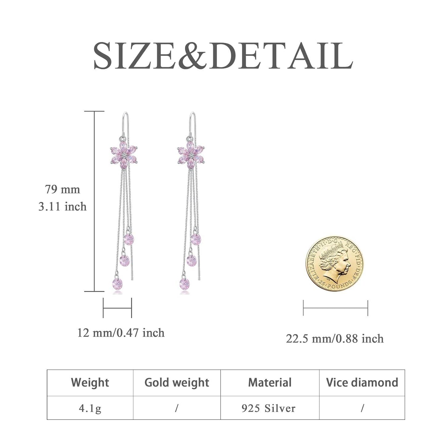 925 Silver Cubic Zirconia Drop Earrings Pink Flowers