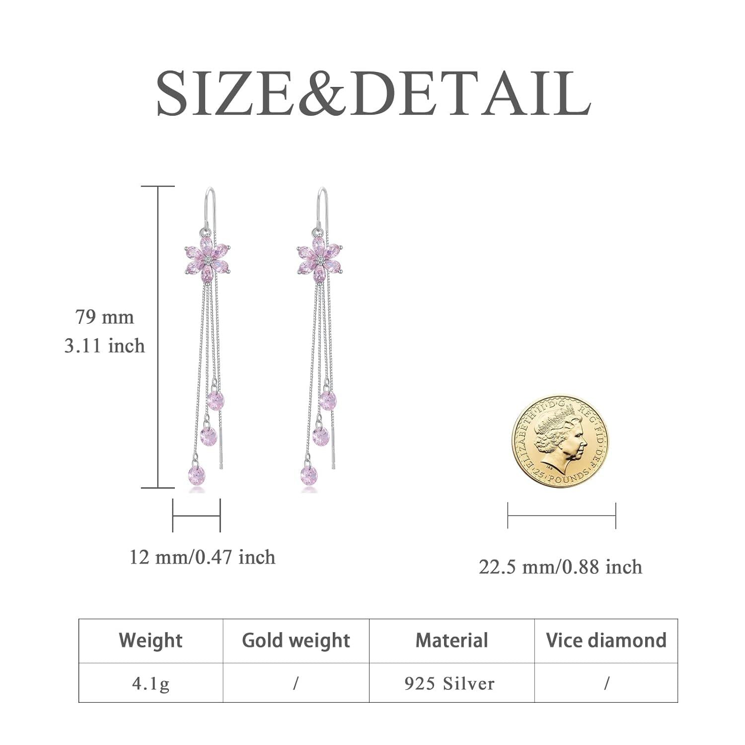 925 Silver Cubic Zirconia Drop Earrings Pink Flowers