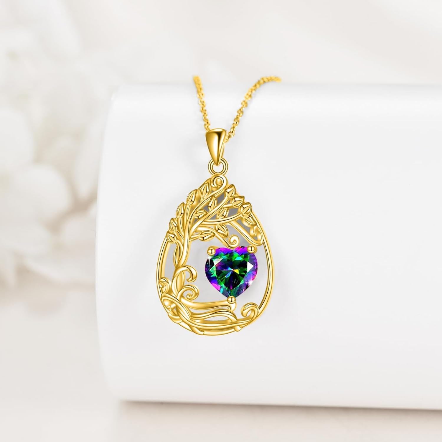 925 Silver Gold Plated Gemstone Tree Life Pendant Necklace