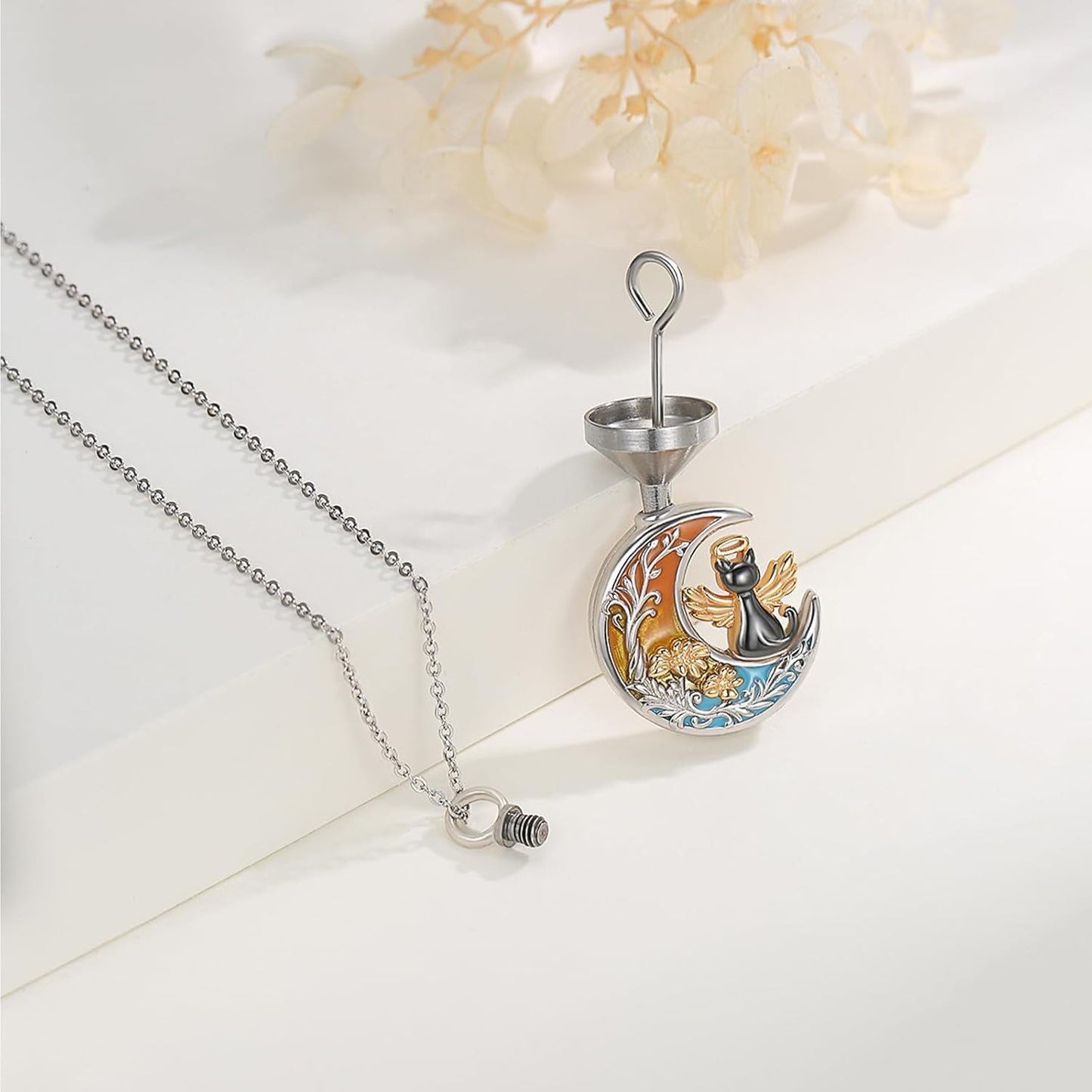 925 Silver Rainbow Moon Cat Memorial Urn Pendant Necklace