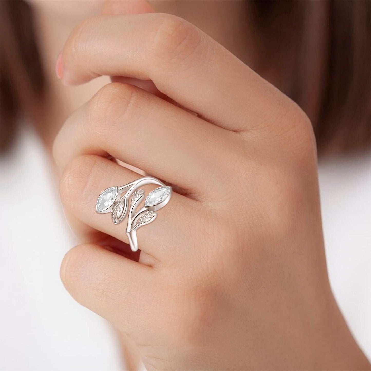 925 Sterling Silver Leaf Ring with Birthstone Adjustable Wrap Promise Engagement Wedding Rings for Women
