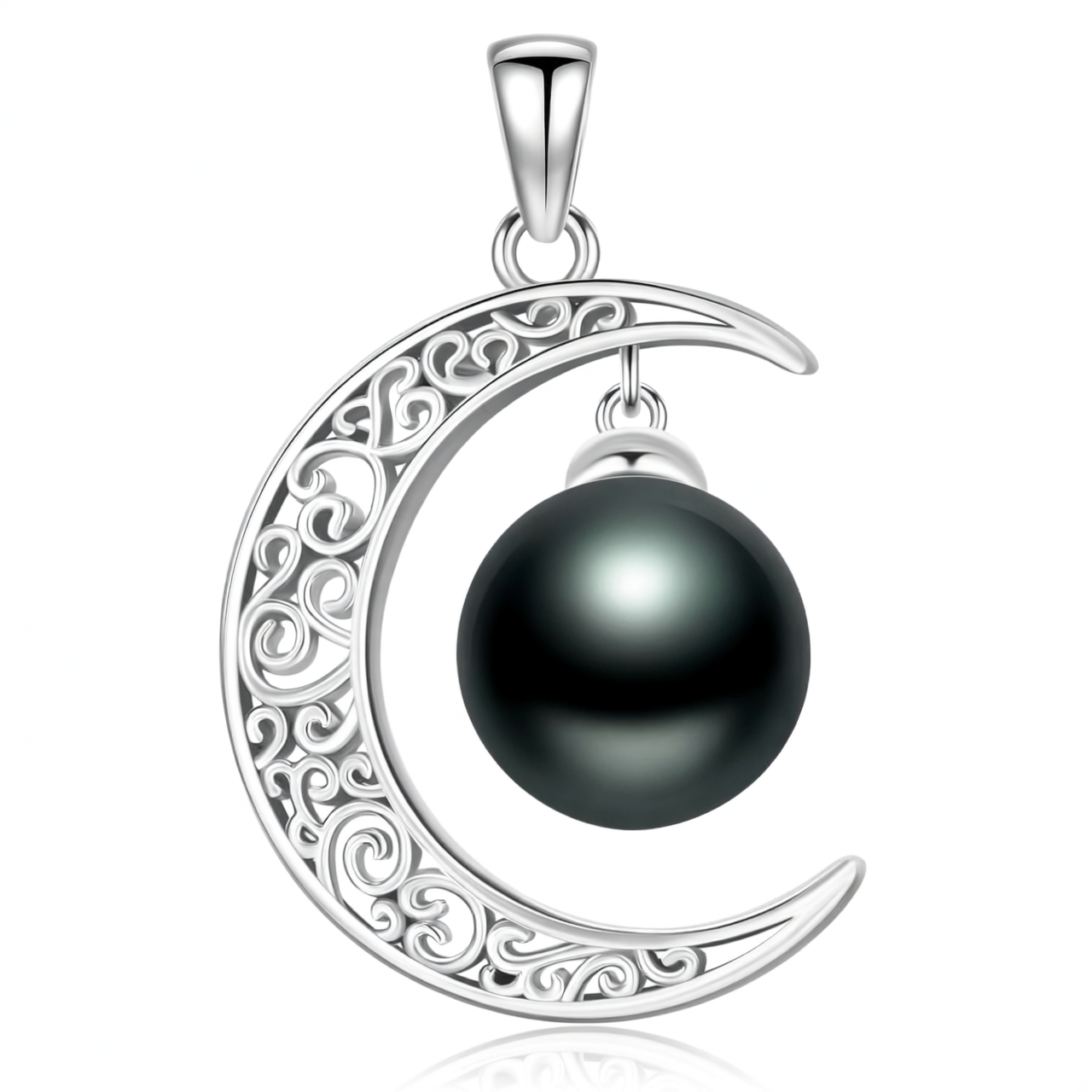 925 Silver Crescent Moon Black Pearl Pendant Necklace Her