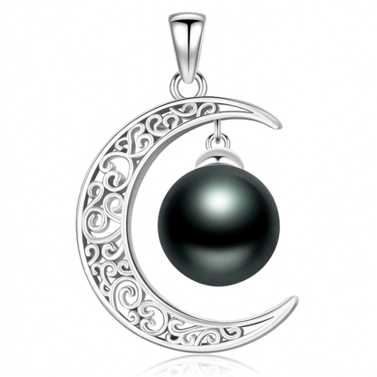 925 Silver Crescent Moon Black Pearl Pendant Necklace Her