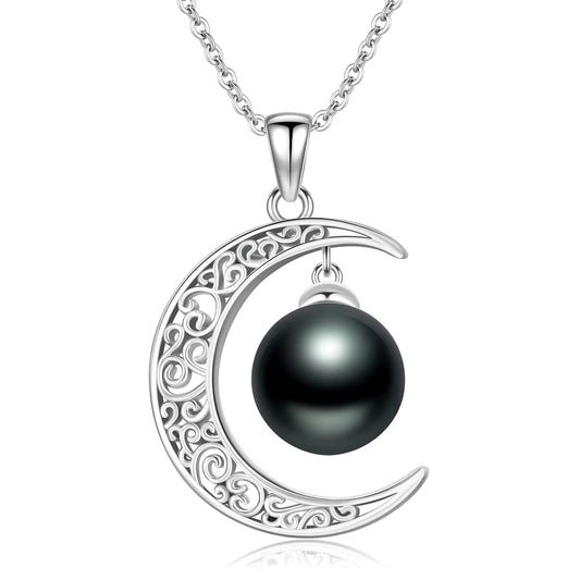 925 Silver Crescent Moon Black Pearl Pendant Necklace Her