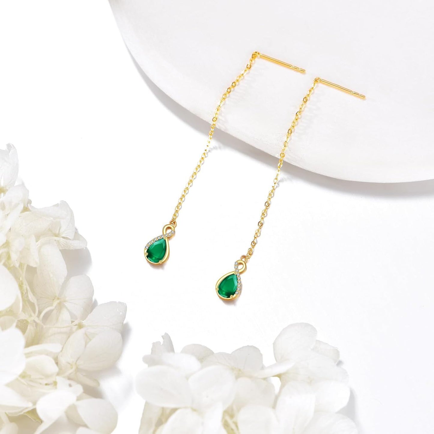 14K Gold Infinity Teardrop Emerald Threader Earrings Women