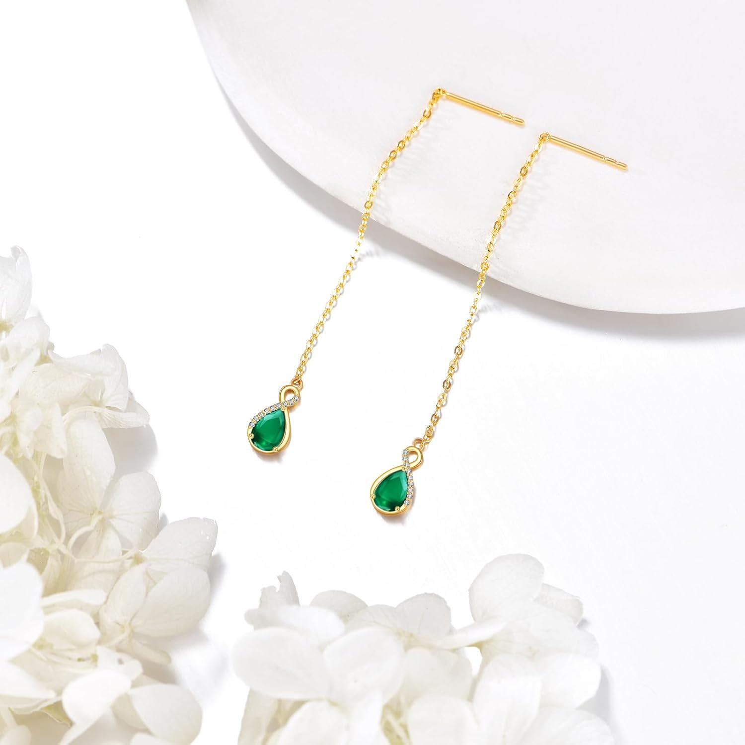 14K Gold Infinity Teardrop Emerald Threader Earrings Women