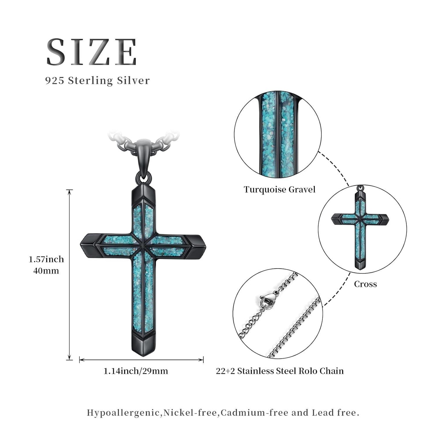 925 Silver Black Plated Turquoise Cross Pendant Necklace Men