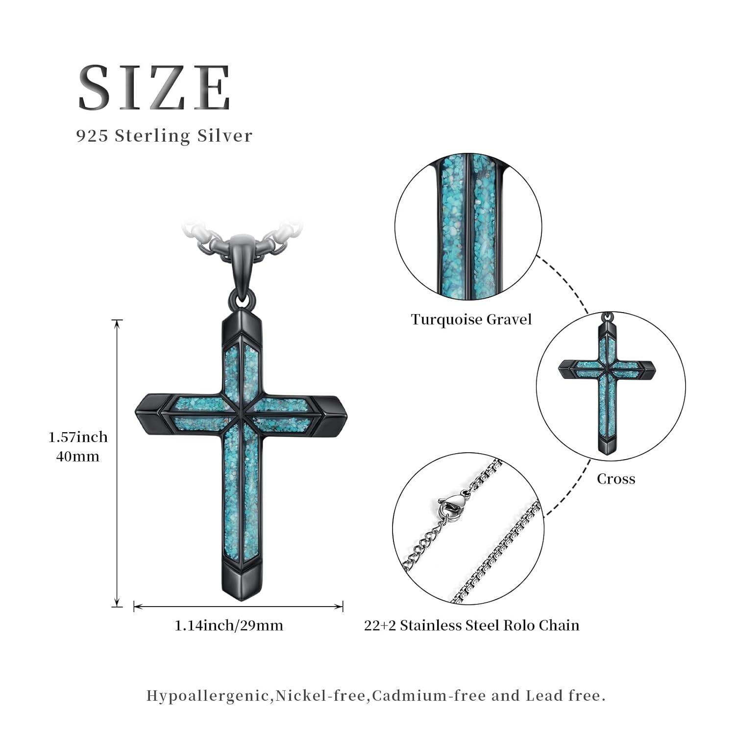 925 Silver Black Plated Turquoise Cross Pendant Necklace Men