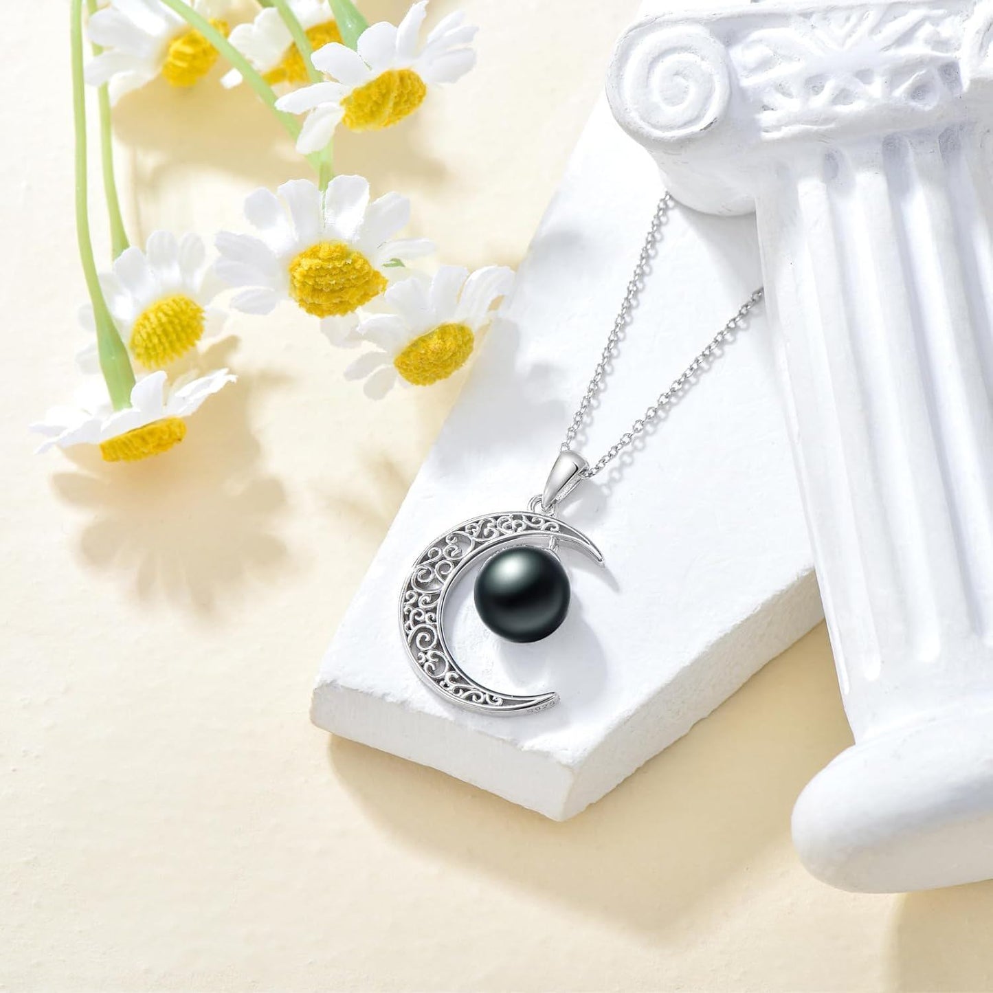 925 Silver Crescent Moon Black Pearl Pendant Necklace Her