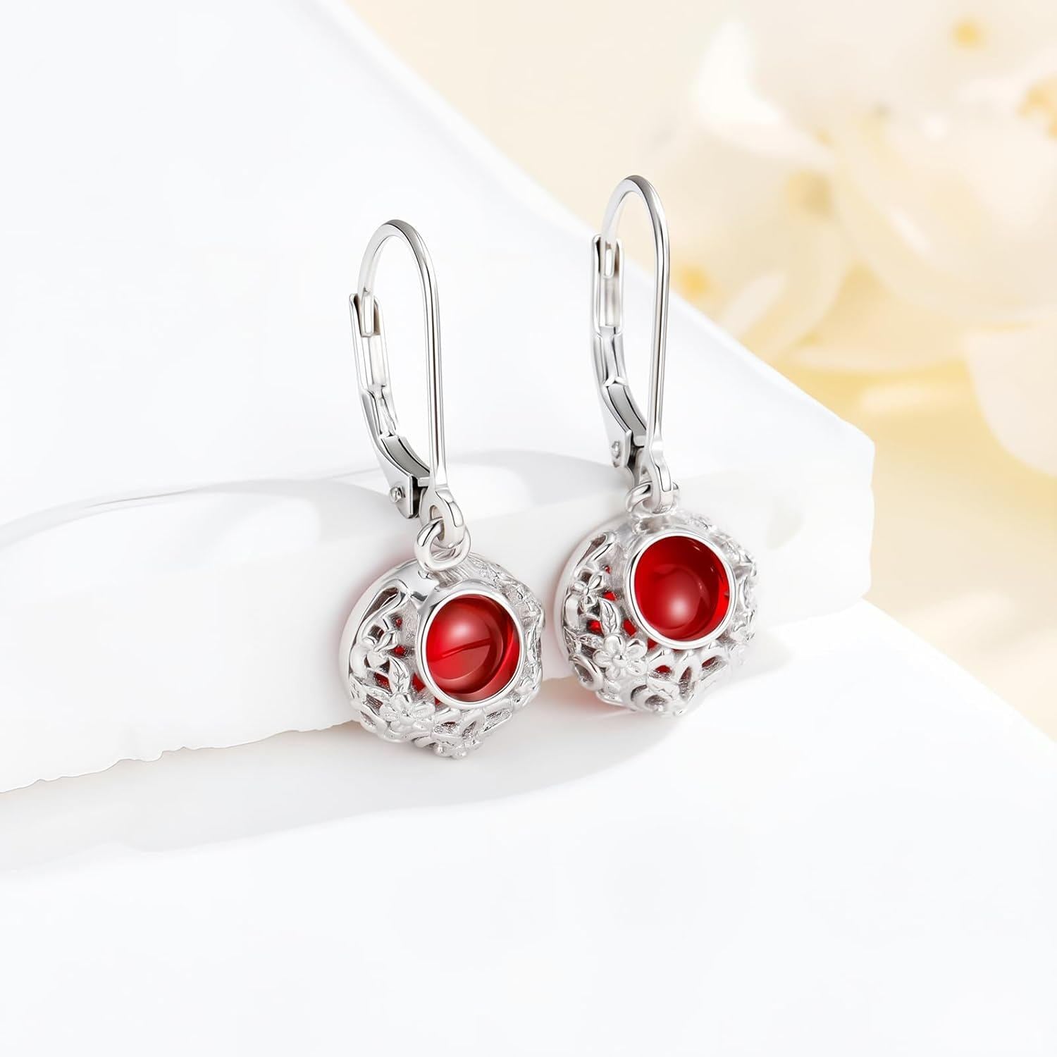 18K Gold Plated Silver Red Gemstone Filigree Dangle Earrings