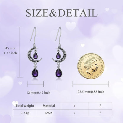 925 Sterling Silver Crescent Moon Purple Zircon Drop Earrings