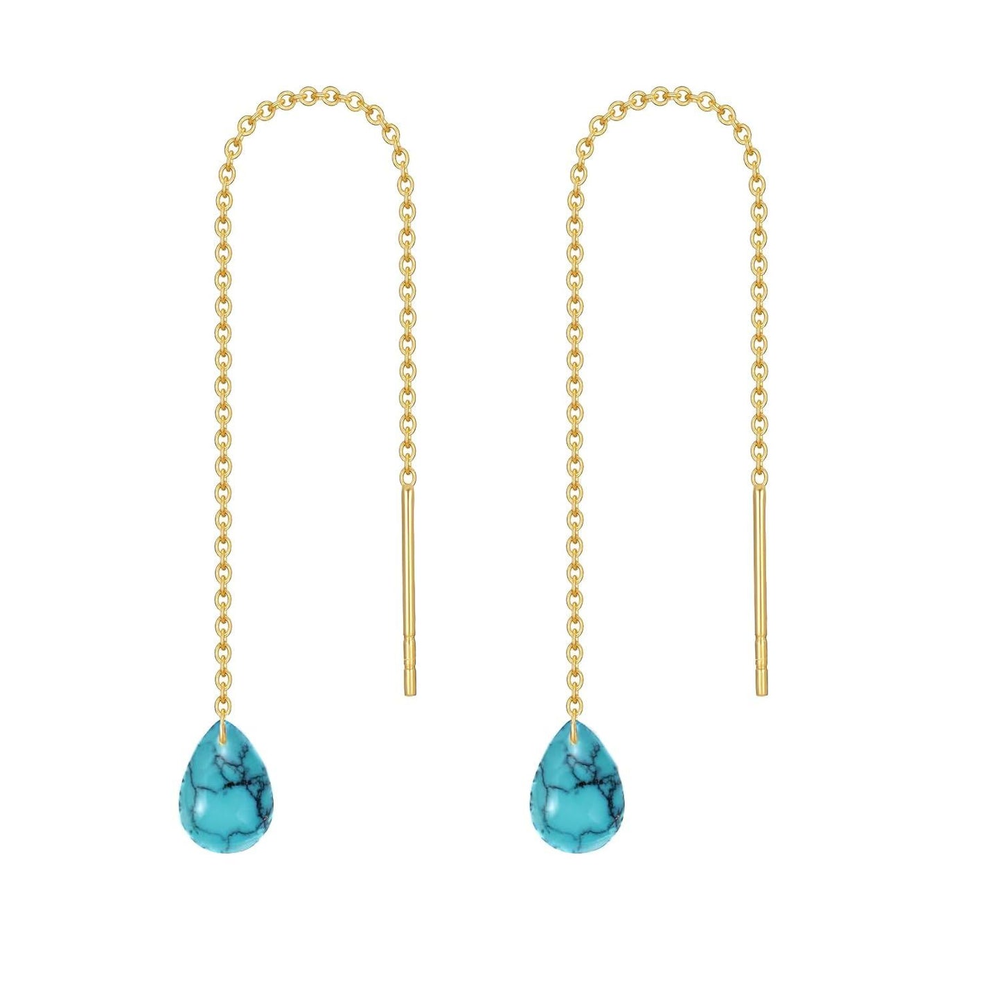 14K Solid Gold Turquoise Threaded Earrings, Hypoallergenic Nickel-Free, Elegant Gift for Her