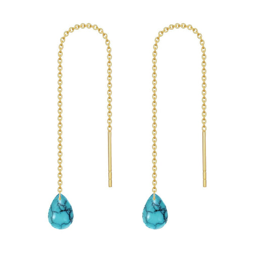 14K Solid Gold Turquoise Threaded Earrings, Hypoallergenic Nickel-Free, Elegant Gift for Her