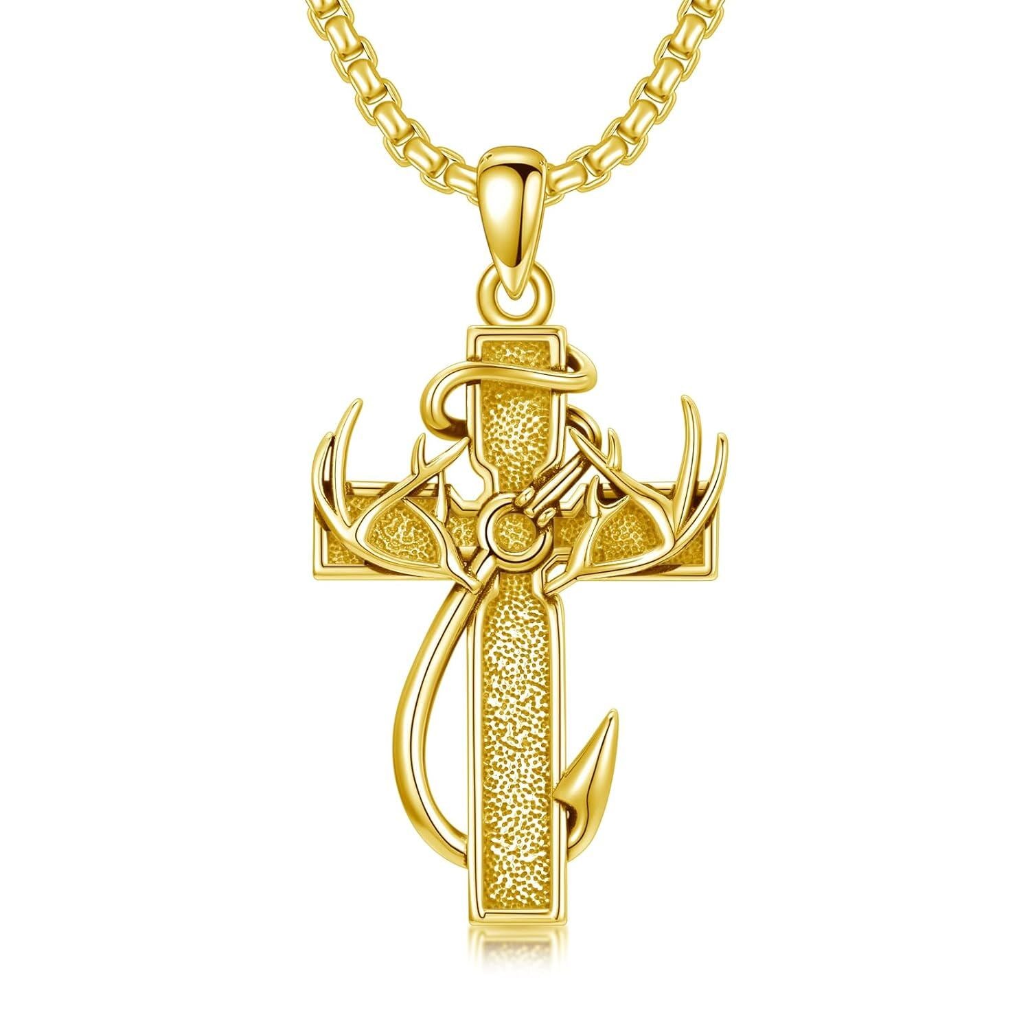 925 Silver Black Enamel Deer Antlers Cross Necklace Men