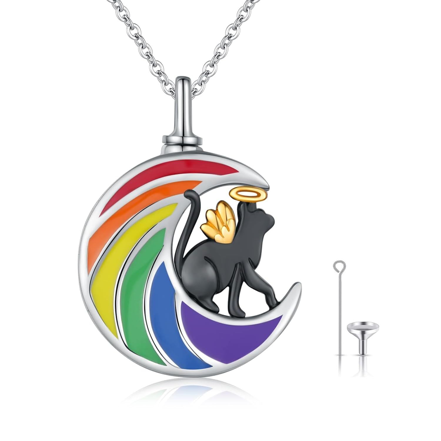 925 Silver Rainbow Moon Cat Memorial Urn Pendant Necklace