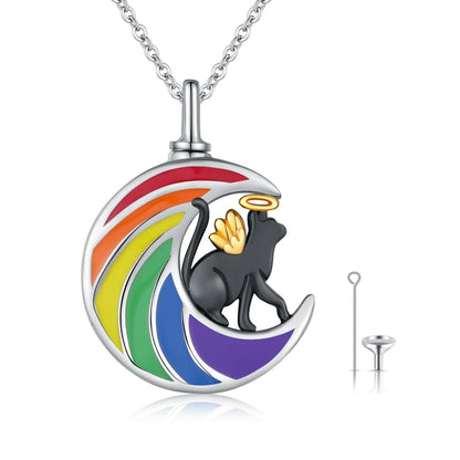 925 Silver Rainbow Moon Cat Memorial Urn Pendant Necklace
