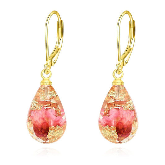925 Sterling Silver Pink Pressed Flowers Gold Leaf Drop Leverback Earrings