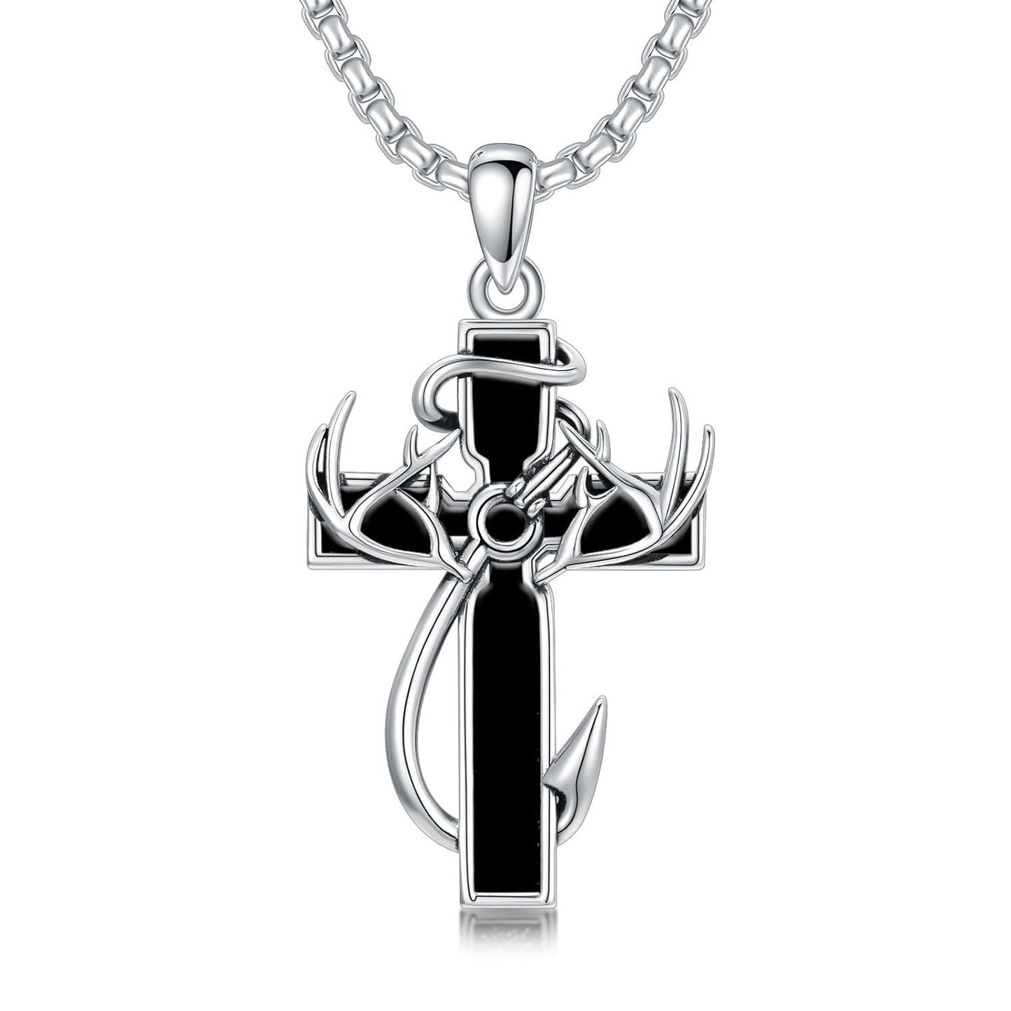 925 Silver Black Enamel Deer Antlers Cross Necklace Men