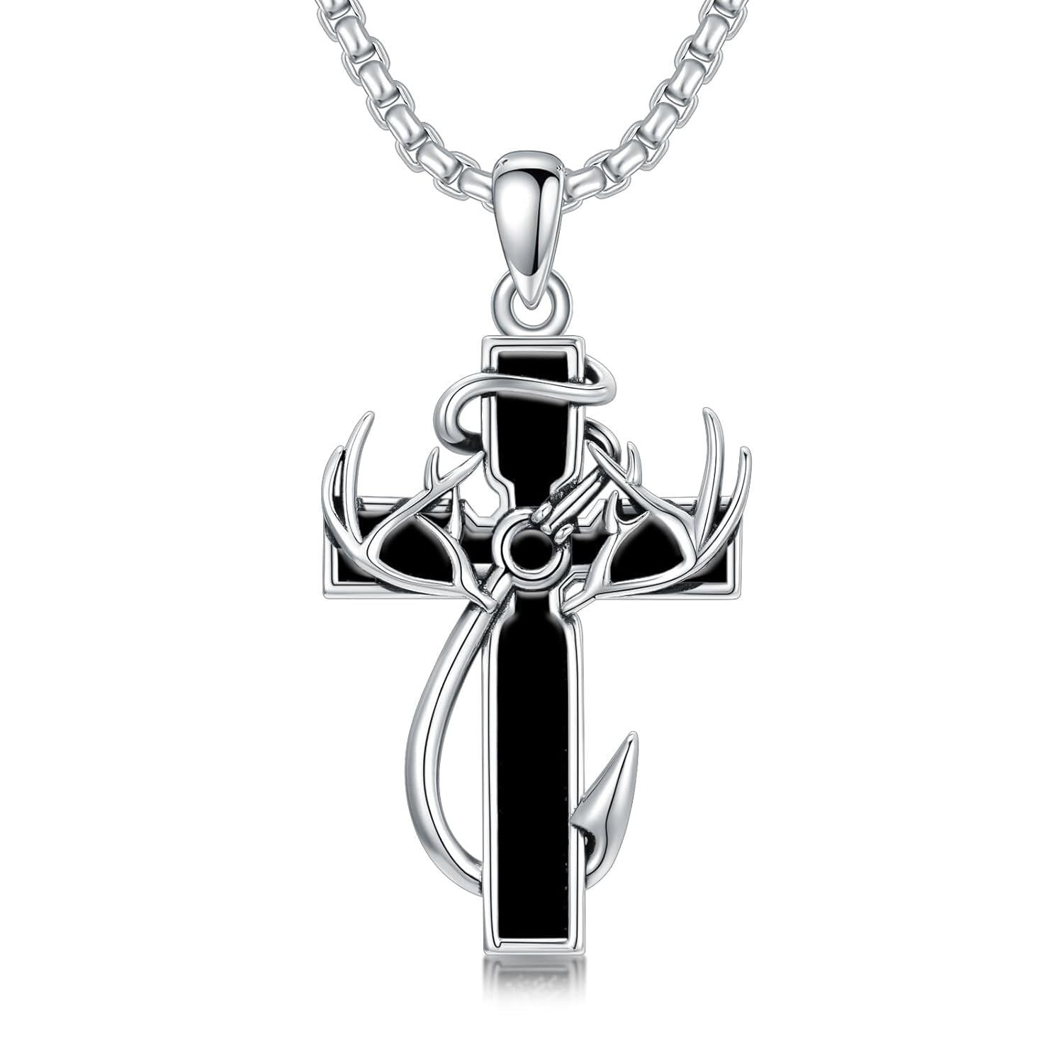 925 Silver Black Enamel Deer Antlers Cross Necklace Men