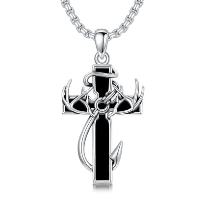 925 Silver Black Enamel Deer Antlers Cross Necklace Men