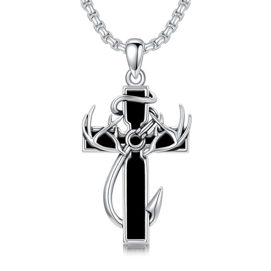 925 Silver Black Enamel Deer Antlers Cross Necklace Men