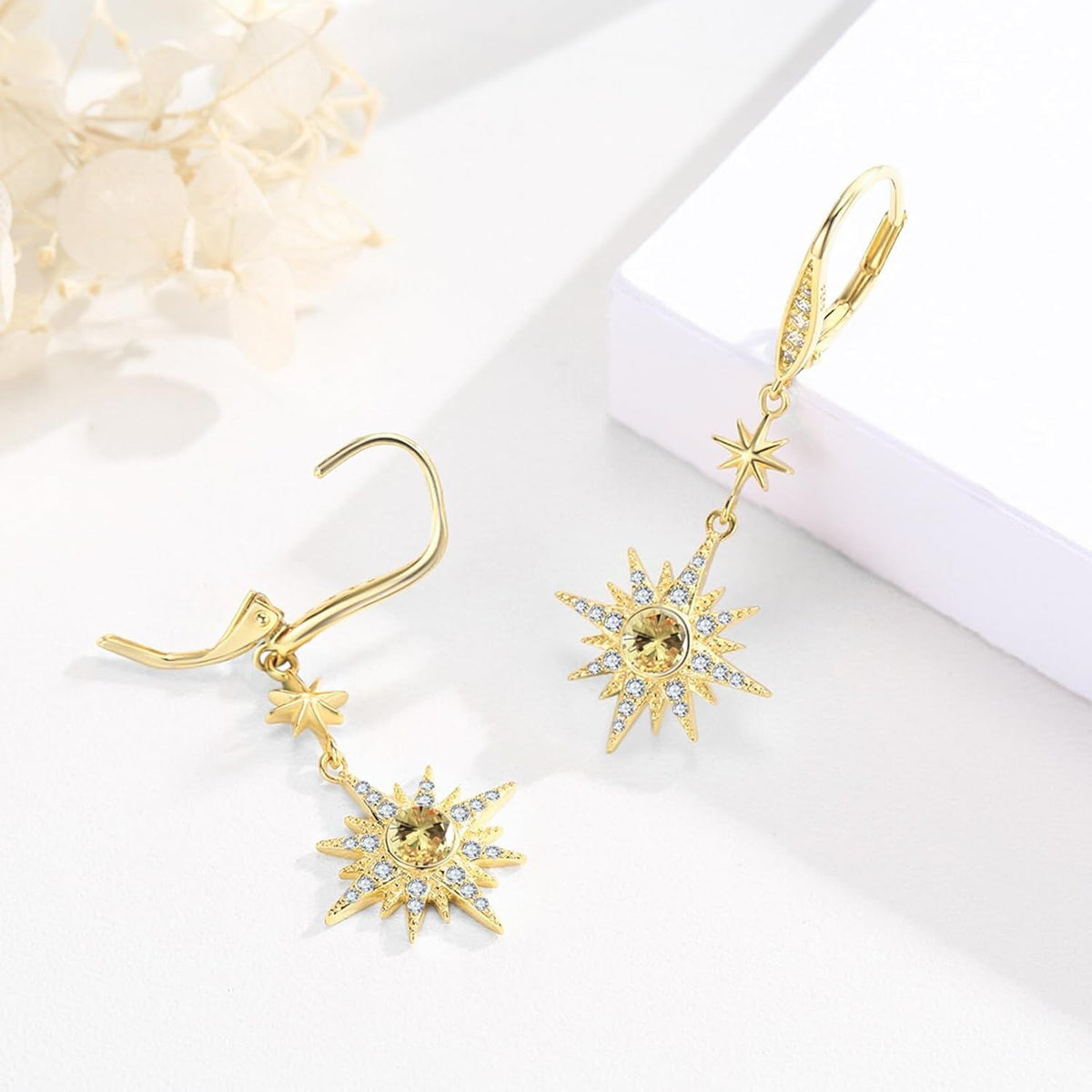 925 Sterling Silver Starburst Birthstone Drop Earrings