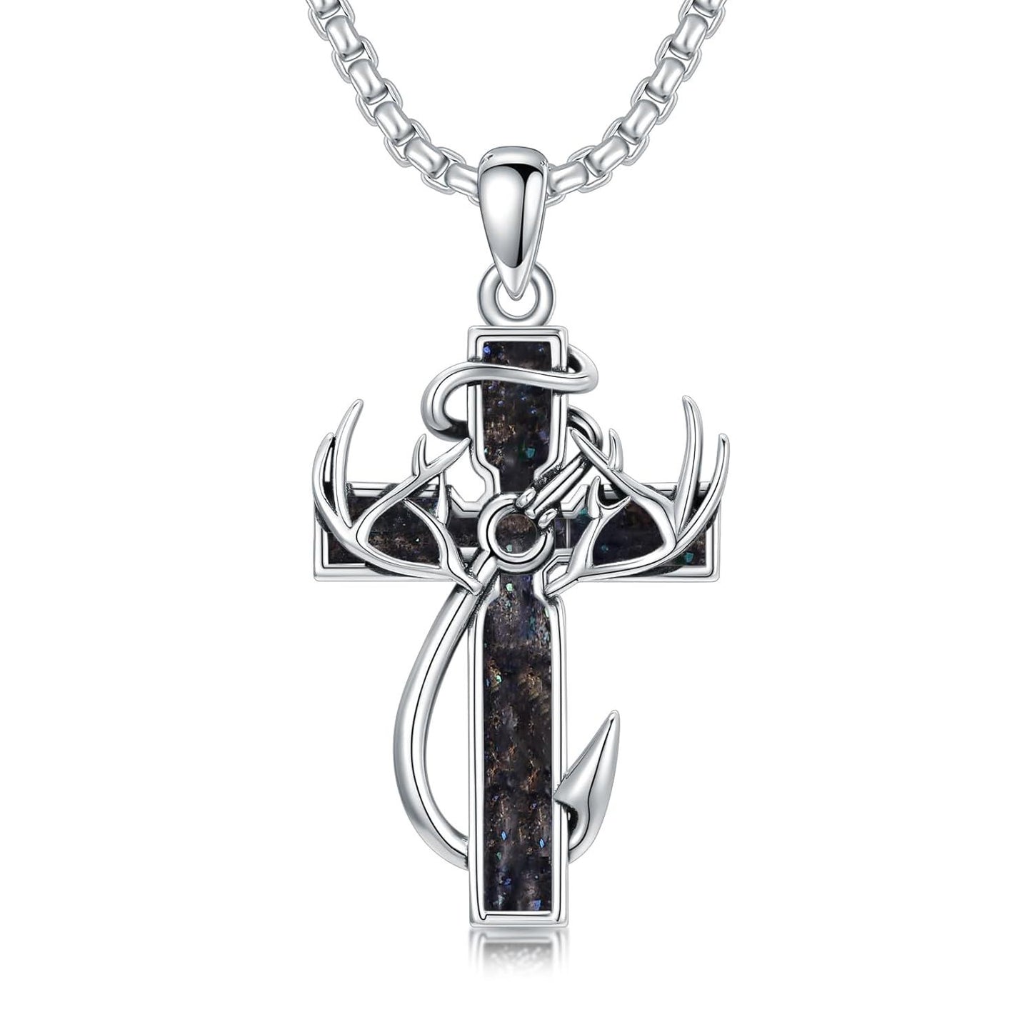 925 Silver Black Enamel Deer Antlers Cross Necklace Men