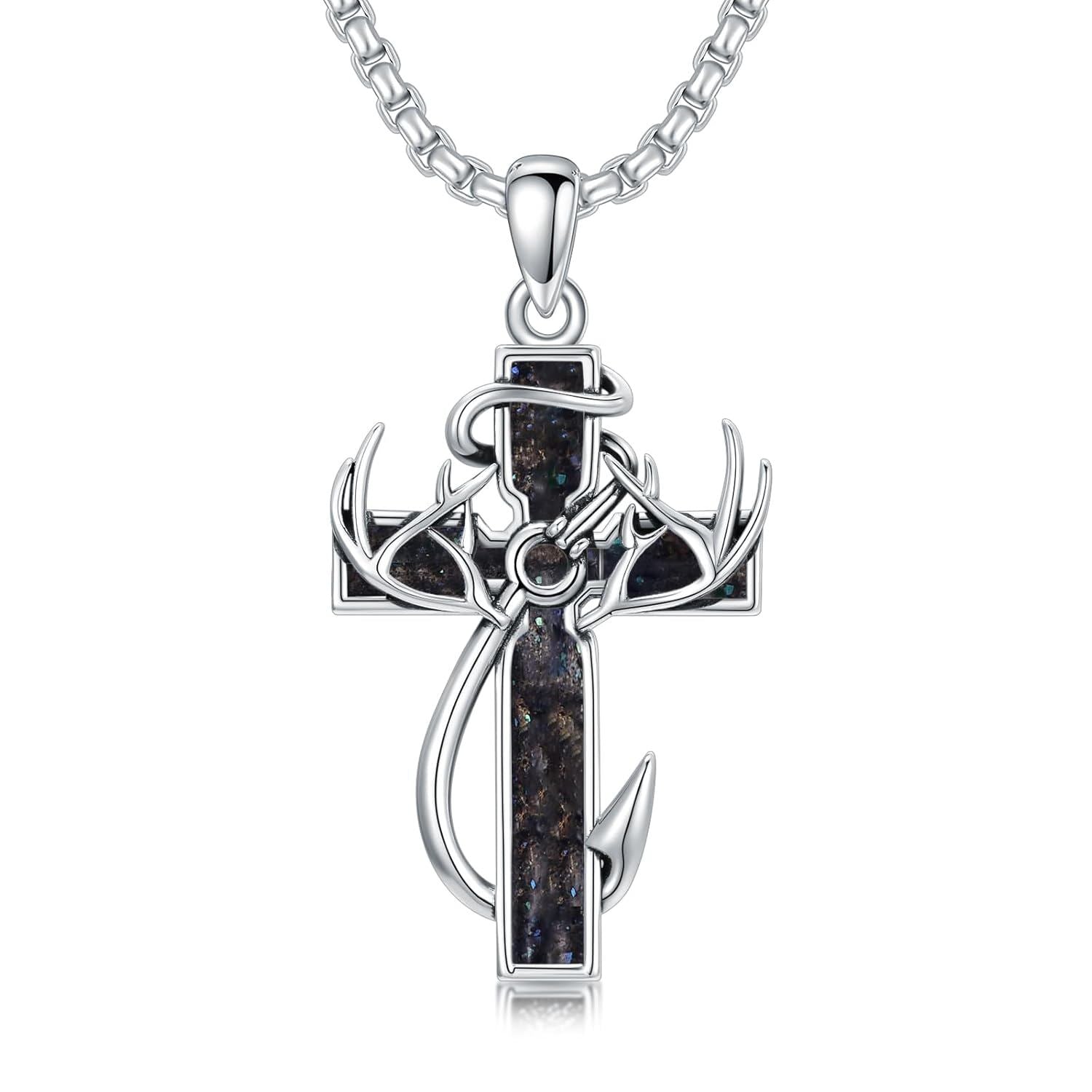 925 Silver Black Enamel Deer Antlers Cross Necklace Men