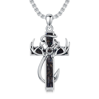 925 Silver Black Enamel Deer Antlers Cross Necklace Men