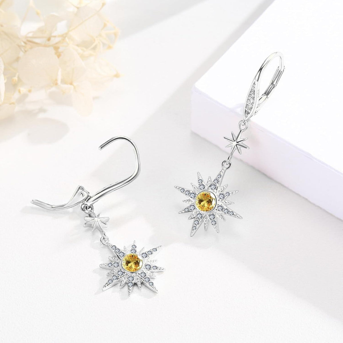 925 Sterling Silver Starburst Birthstone Drop Earrings